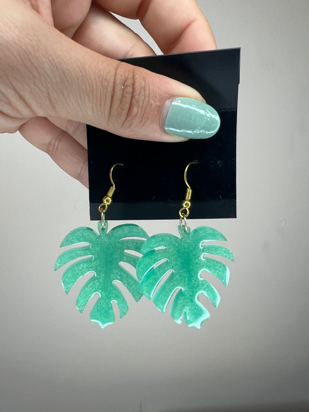 Green Monstera Leaf Earrings