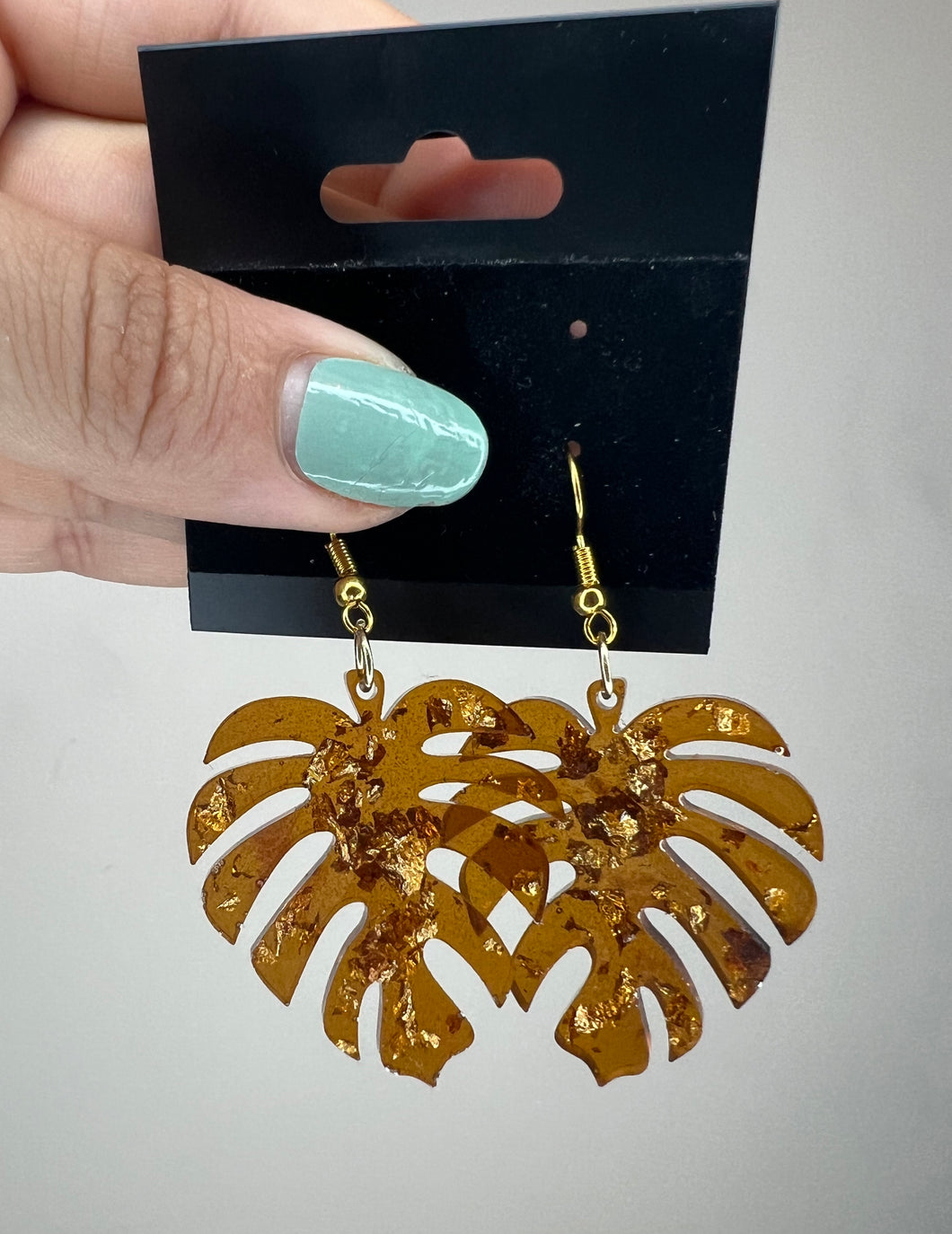 Brown Gold Leaf Monstera Earrings